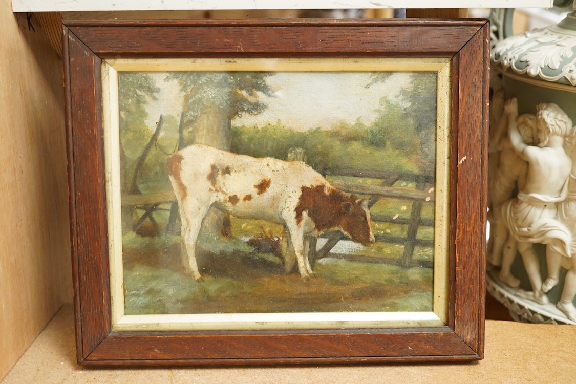 Late 19th / early 20th century English School, Studies of cows, unsigned, pair of oils on canvas, 16 x 20cm